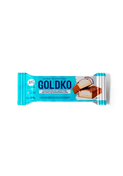 Barra de proteína chocolate ao leite com recheio de Marshmallow 14g de proteína Goldko 50g 